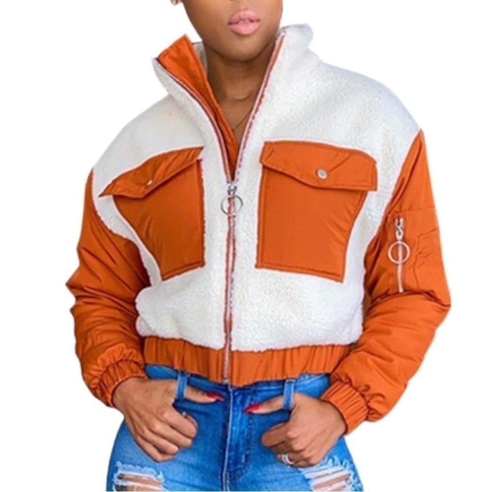 FUZZY sherpa cropped jacket. Orange.